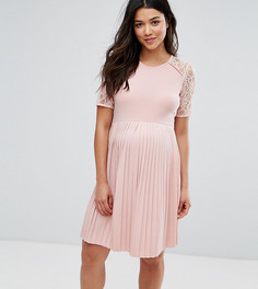 Платье мини с плиссировкой и кружевом ASOS Maternity PETITE - Розовый