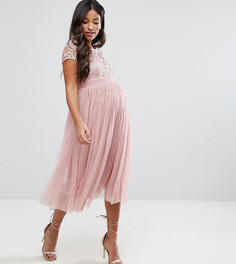 Платье с короткими рукавами, кружевным топом и юбкой из тюля Little Mistress Maternity - Розовый