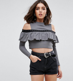 Топ с открытыми плечами, люверсами и оборкой ASOS PETITE - Серый