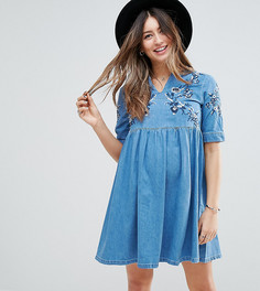 Синее свободное джинсовое платье с вышивкой ASOS MATERNITY - Синий