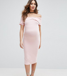 Платье миди с открытыми плечами и перекрестной отделкой спереди ASOS Maternity - Розовый