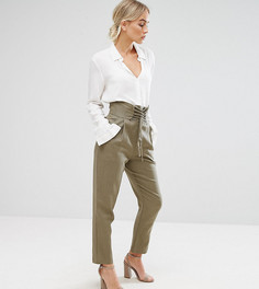 Брюки на шнуровке из ткани с добавлением льна ASOS PETITE - Зеленый