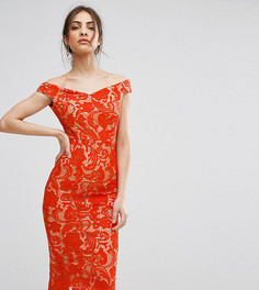 Кружевное платье-футляр миди с открытыми плечами Boohoo - Красный