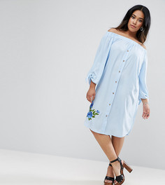 Платье с открытыми плечами и вышивкой Boohoo Plus - Синий