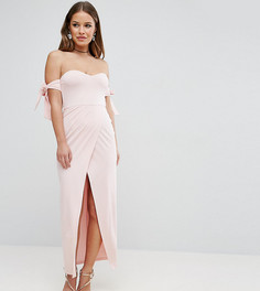Платье макси с открытыми плечами, запахом и бантиками ASOS PETITE - Розовый