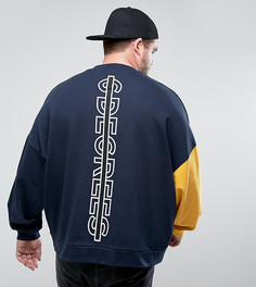 Свободный свитшот с контрастными рукавами и принтом ASOS PLUS - Темно-синий