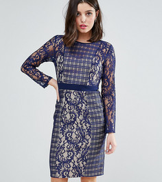 Платье с длинными рукавами и контрастной кружевной отделкой Little Mistress Petite - Темно-синий