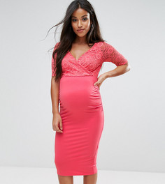 Кружевное облегающее платье миди с запахом ASOS Maternity NURSING - Оранжевый
