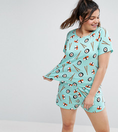 Пижамный комплект с принтом суши ASOS CURVE - Мульти