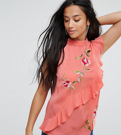 Топ без рукавов с асимметричными оборками и вышивкой ASOS PETITE - Розовый