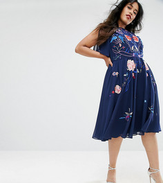 Приталенное платье миди с вышивкой ASOS CURVE - Темно-синий