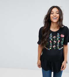 Футболка с вышивкой и оборкой ASOS Maternity - Черный