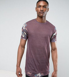 Супердлинная футболка из ткани под лен с цветочным принтом на рукавах и по низу ASOS TALL - Фиолетовый