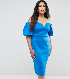 Платье миди с открытыми плечами и пышными рукавами ASOS CURVE - Синий