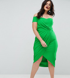 Платье миди из крепа с открытыми плечами и запахом ASOS CURVE - Зеленый
