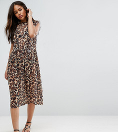 Свободное сетчатое платье с анималистическим принтом ASOS TALL - Коричневый