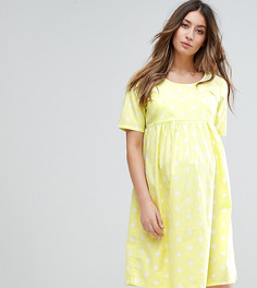 Короткое приталенное платье в горошек с короткими рукавами Mamalicious - Желтый Mama.Licious