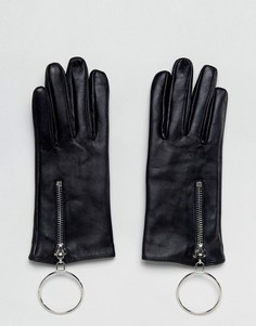 Кожаные перчатки с большим кольцом ASOS - Черный