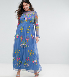 Чайное платье с оборками на манжетах и вышивкой Frock And Frill Plus - Синий