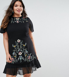 Платье с вышивкой и баской по краю Frock And Frill Plus - Черный