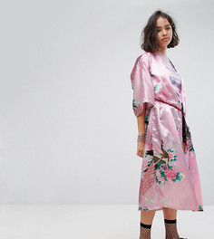Атласное кимоно с принтом и плетеным поясом Reclaimed Vintage Inspired - Розовый