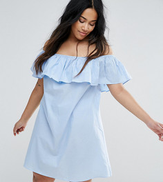 Платье из шамбре с открытыми плечами и рюшами AX Paris Plus - Синий