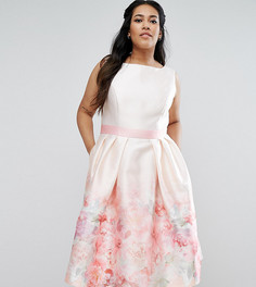 Платье миди с контрастным поясом и принтом роз Chi Chi London Plus - Мульти