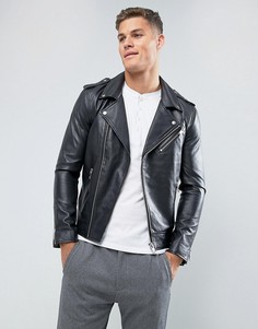 Кожаная байкерская куртка Selected Homme - Черный