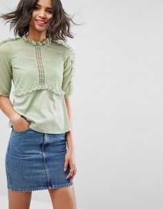Чайная шифоновая блузка с кружевом и оборками ASOS - Зеленый