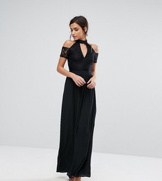 Платье макси с кружевным топом, высоким воротом и открытыми плечами Silver Bloom - Черный
