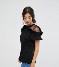 Футболка с оборками и сетчатой вставкой ASOS PETITE - Черный