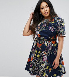 Платье с поясом и цветочным принтом Uttam Boutique Plus - Темно-синий