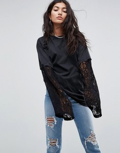 Футболка с двухслойными кружевными рукавами ASOS - Черный