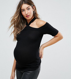 Топ в рубчик с бретелькой через шею и открытыми плечами ASOS Maternity - Черный