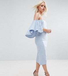 Платье миди с открытыми плечами и рукавами клеш ASOS PETITE - Синий
