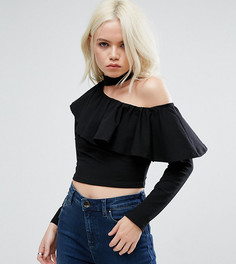 Топ с открытым плечом, чокером и оборкой ASOS PETITE - Черный