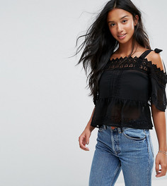 Кружевной топ с вырезами на плечах и завязками ASOS PETITE - Черный