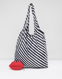 Полосатая сумка-шоппер, складывающаяся в форму красных губ Lulu Guinness - Красный