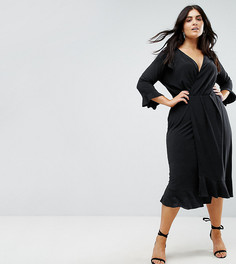 Платье миди с запахом и оборками ASOS CURVE - Темно-синий