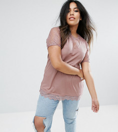 Футболка в рубчик с глубоким вырезом и кружевными вставками ASOS CURVE - Бежевый