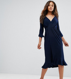 Платье миди с запахом и оборкой ASOS TALL - Темно-синий
