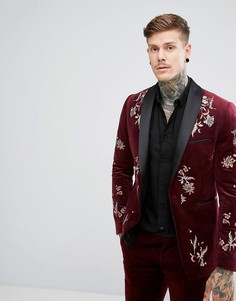 Бордовый бархатный облегающий блейзер с вышивкой ASOS - Красный