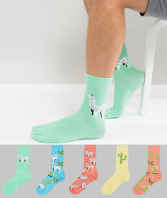 5 пары носков с отделкой из пушистой пряжи (принт кактусов/ принт лам) ASOS - Мульти