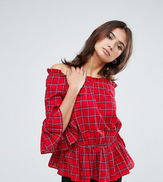 Топ в клетку с открытыми плечами и рукавами клеш New Look Tall - Красный