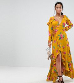 Платье макси с длинным рукавом, цветочным принтом и запахом ASOS PETITE - Желтый