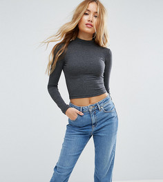 Укороченный топ с длинными рукавами и высоким воротом ASOS PETITE - Серый