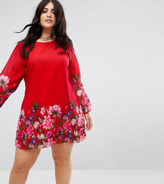 Цельнокройное платье с цветочным принтом и длинными рукавами Yumi Plus - Красный