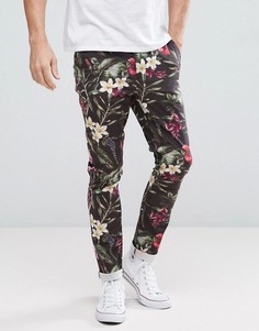 Брюки скинни с принтом цветов и листьев ASOS - Черный