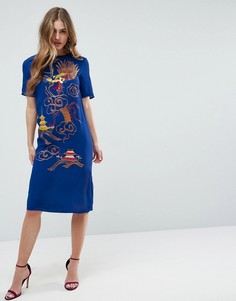 Платье миди с вышивкой в восточном стиле ASOS PREMIUM - Синий
