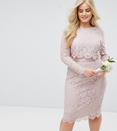 Кружевное платье-футляр миди с длинными рукавами ASOS CURVE WEDDING - Розовый